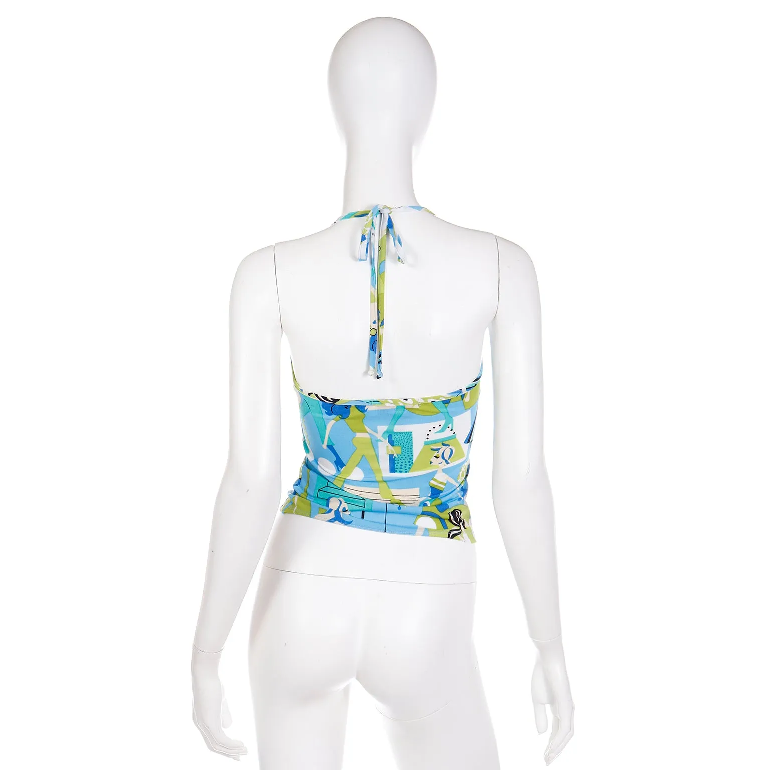 1990s Versace Jeans Couture Shopper Print Blue & Green Halter Top w Lace