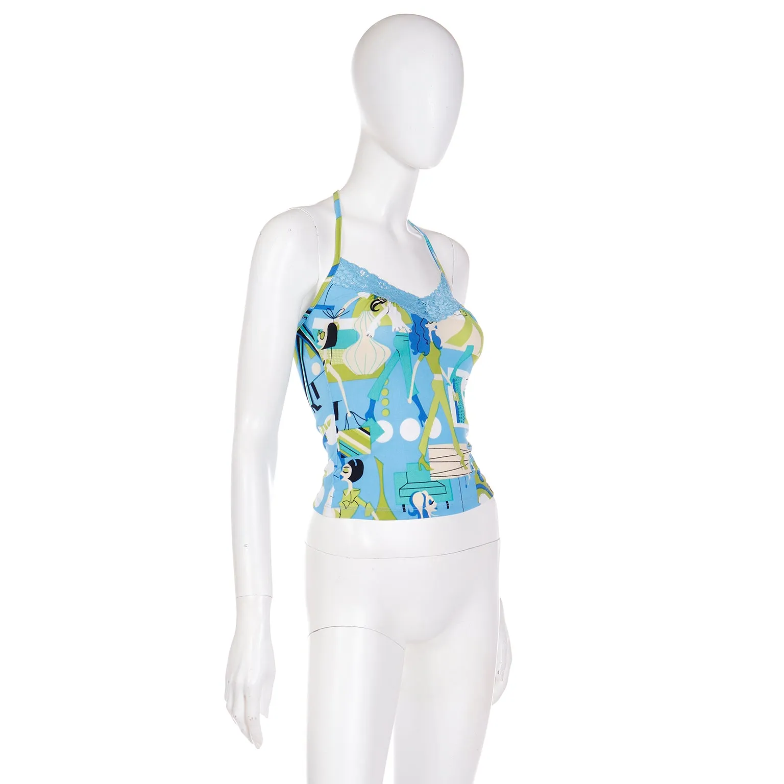 1990s Versace Jeans Couture Shopper Print Blue & Green Halter Top w Lace