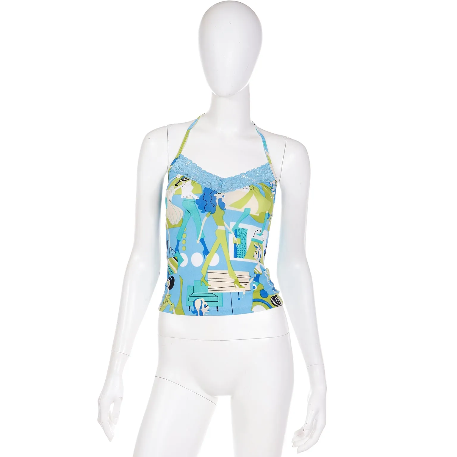 1990s Versace Jeans Couture Shopper Print Blue & Green Halter Top w Lace