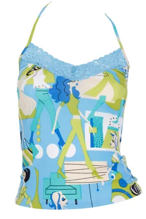 1990s Versace Jeans Couture Shopper Print Blue & Green Halter Top w Lace