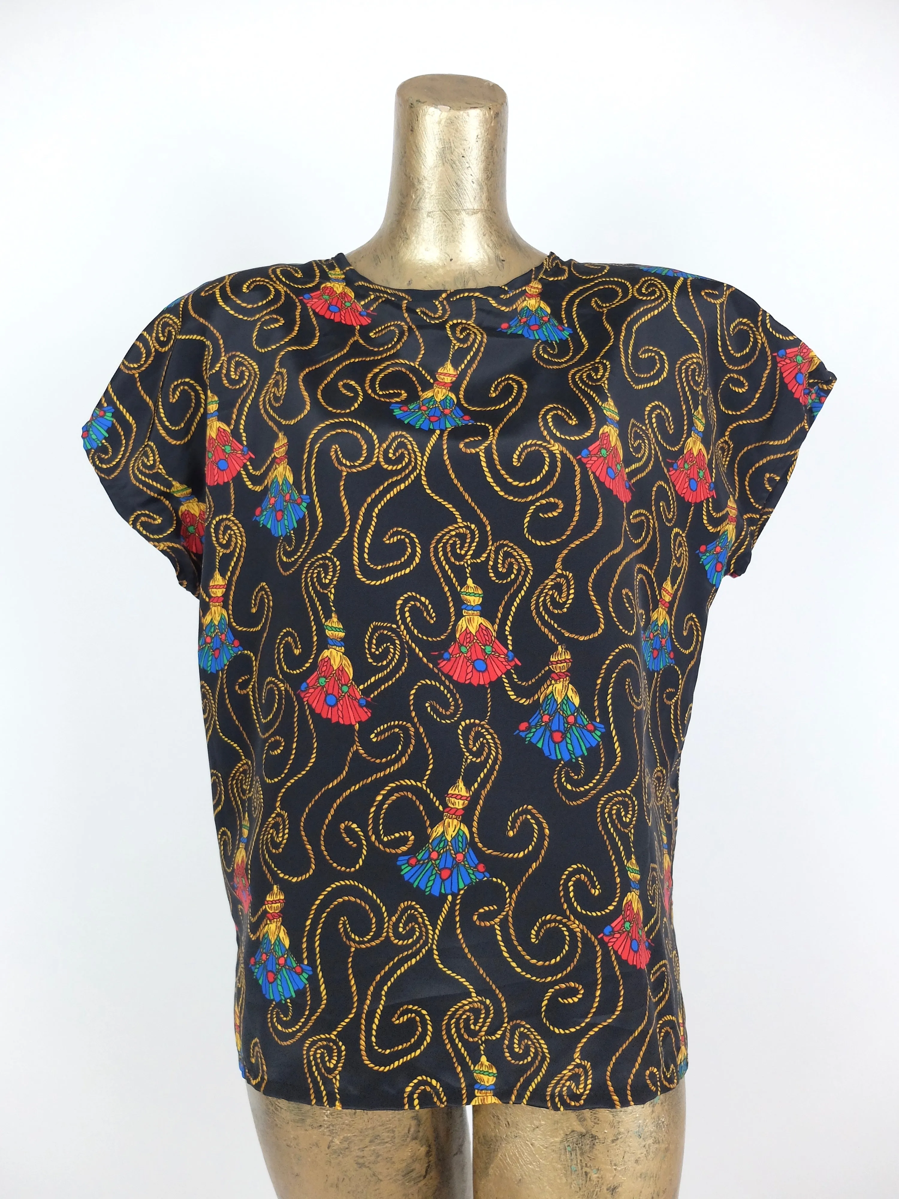 80s Tassel Chain Print Short Sleeve Pullover Blouse