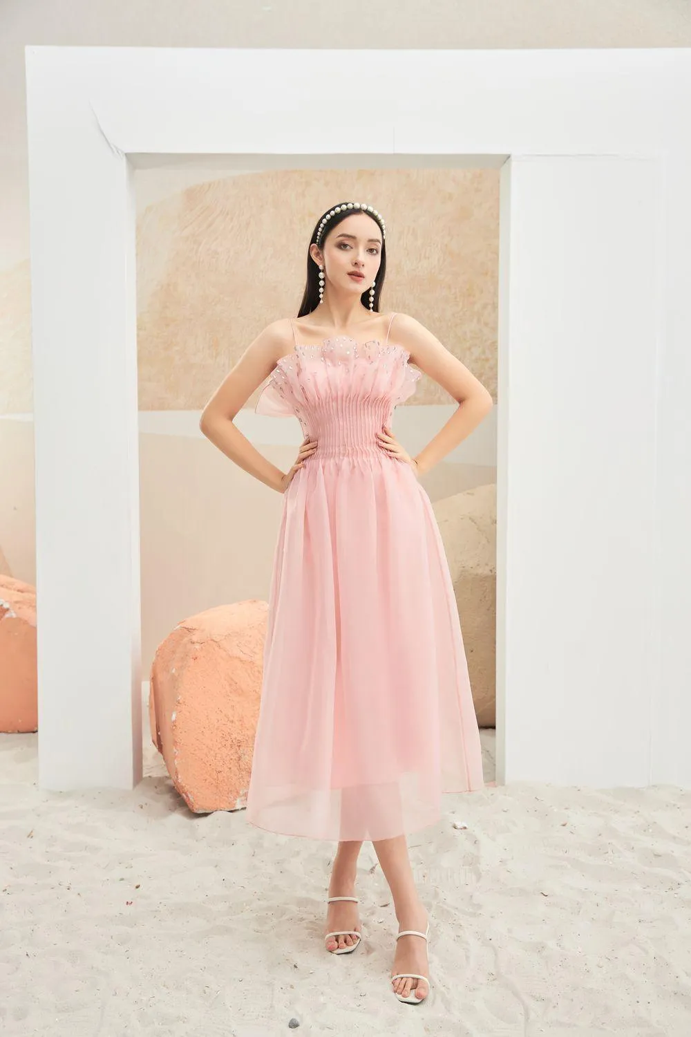 Abby Fit and Flare Square Neck Organza Dress