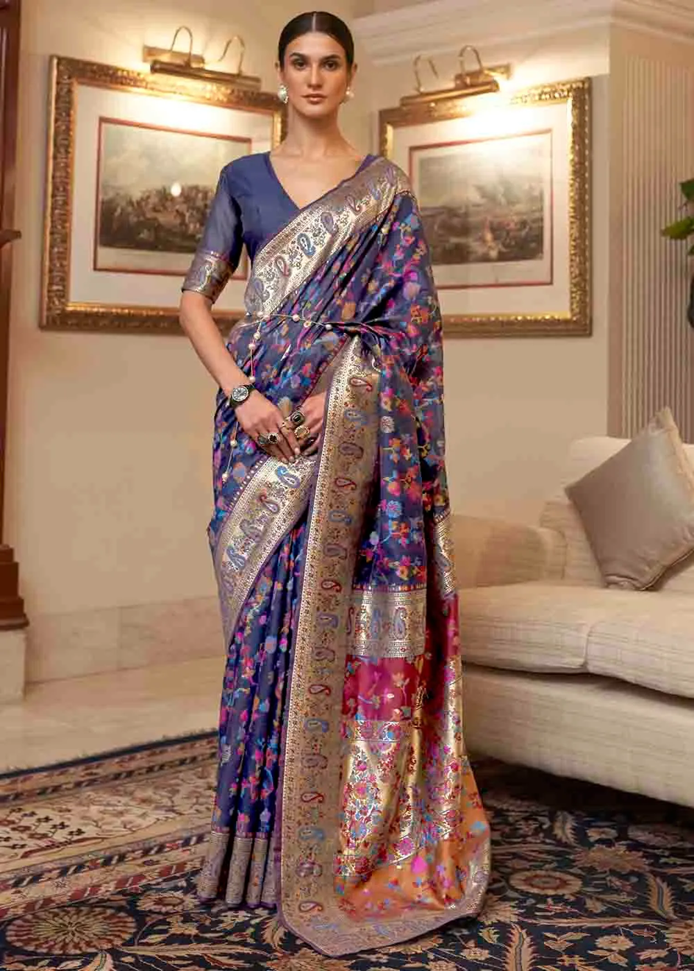 Admiral Blue Banarasi Jamawar Woven Silk Saree