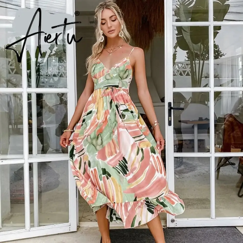 Aiertu Simplee Casual green sling print women dress Summer sexy V-neck holiday style maxi dress Elegant High-waist lace-up ruffle dress