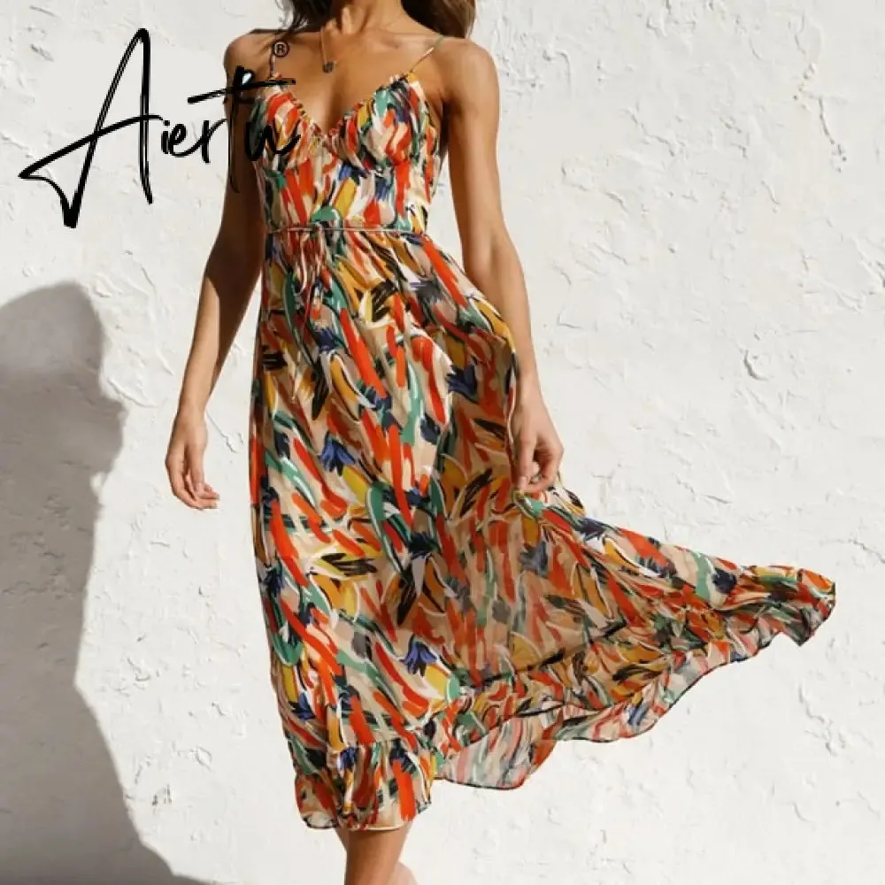 Aiertu Simplee Casual green sling print women dress Summer sexy V-neck holiday style maxi dress Elegant High-waist lace-up ruffle dress