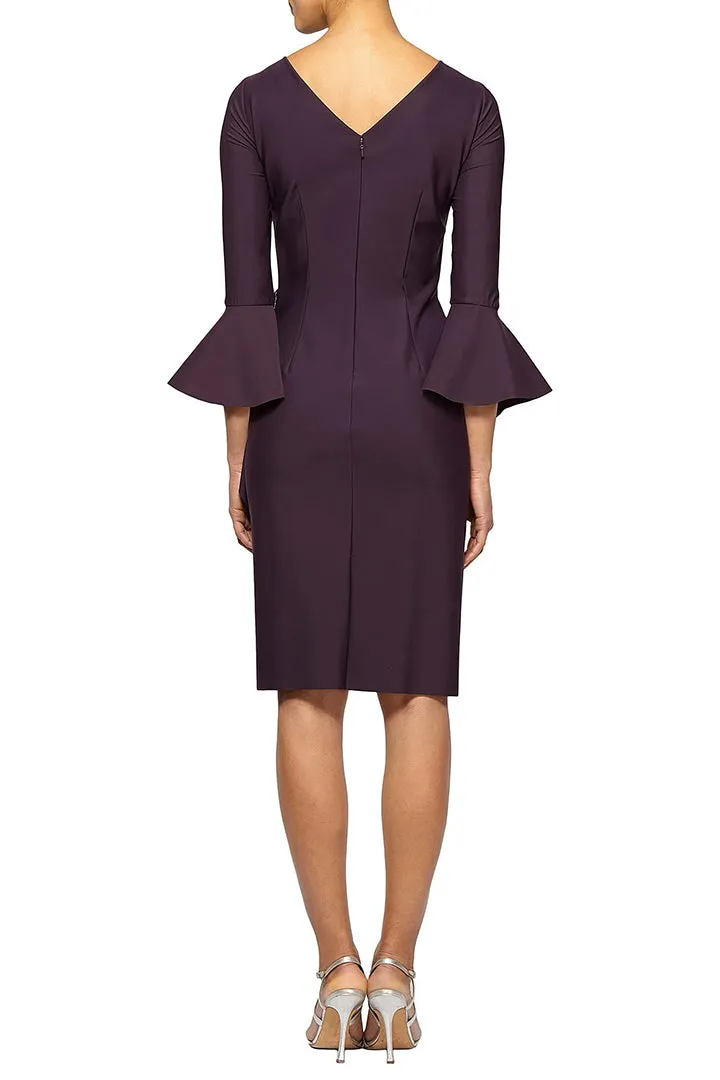 Alex Evenings Boat Neck Bell Sleeve Embellished Brooch Cascade Ruffle Side Solid Scuba Crepe Dress