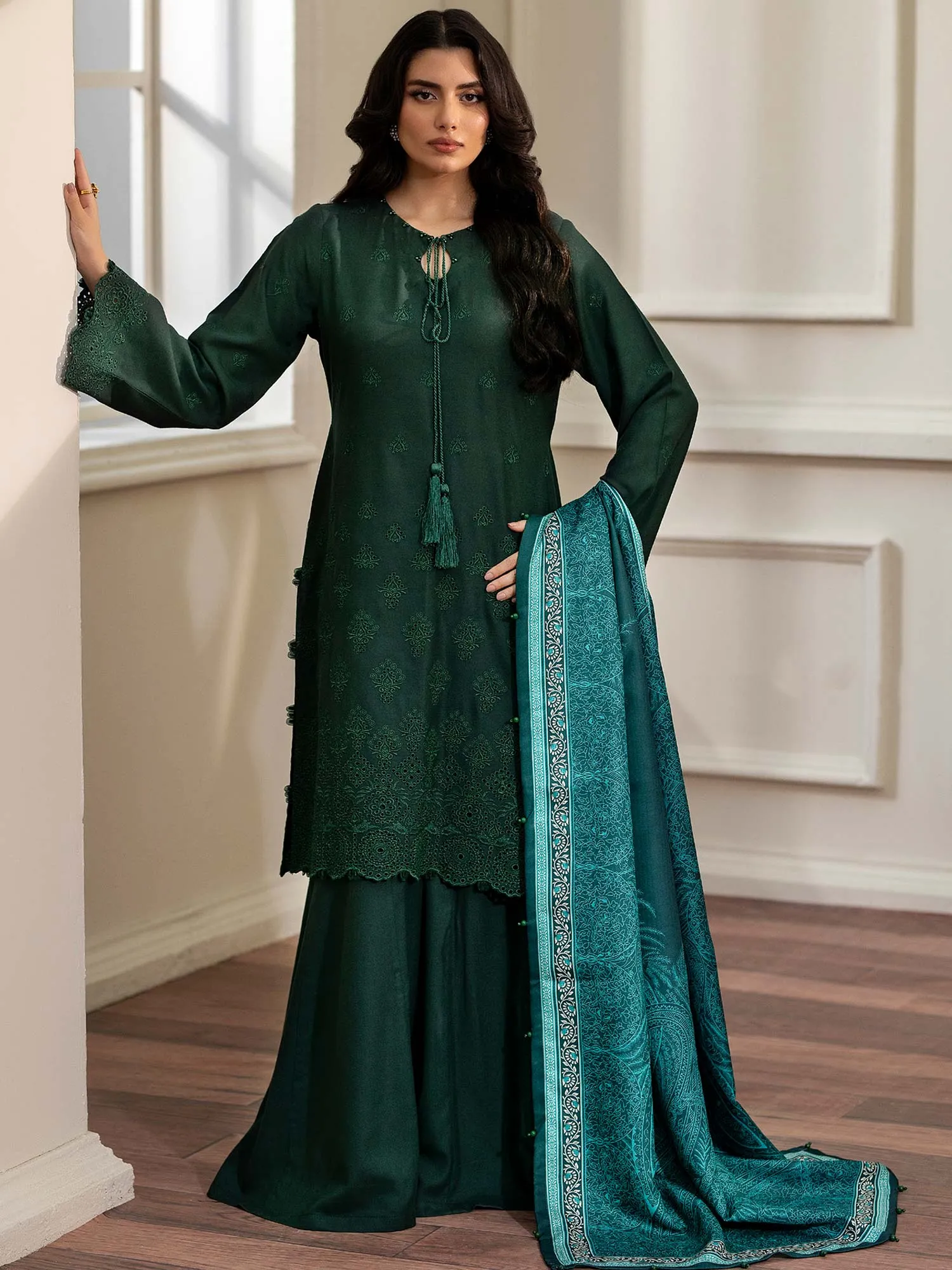 Ally's Dhanak Chikankari Bottle Green 3-Piece Suit (AL-DNK41)