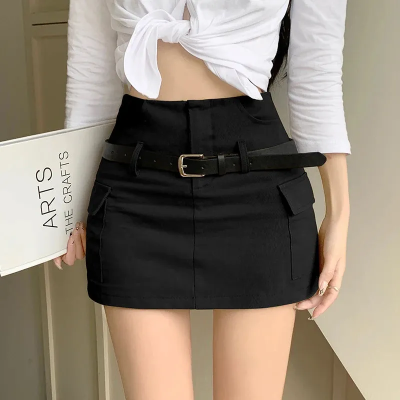 American Style Chic Belt Sexy Female Cargo Skirt High Waist A-line Tight Hip Solid Color Women's Mini Skirts Streetwear