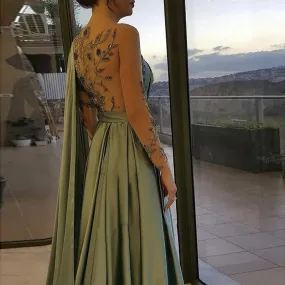 Arabic One Shoulder Olive Green Muslim Evening Dress with Cape Long Sleeves Dubai Women Prom Party Gowns Dresses Elegant Plus Size