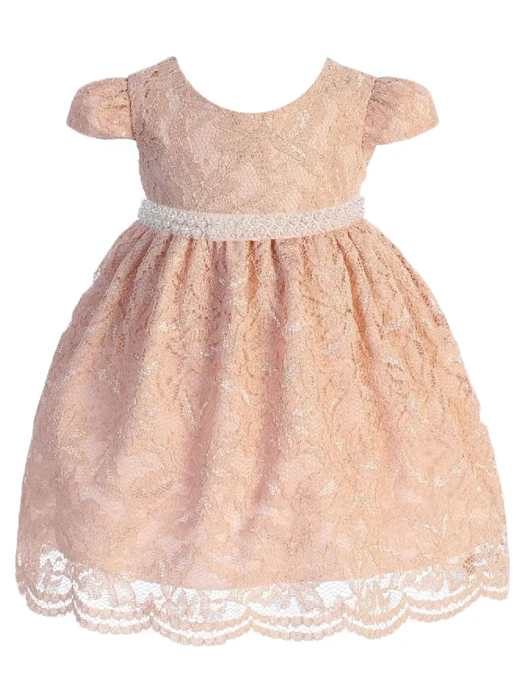 Baby Girls Blush Lace Thick Pearl Trim Flower Girl Dress 3-24 Months