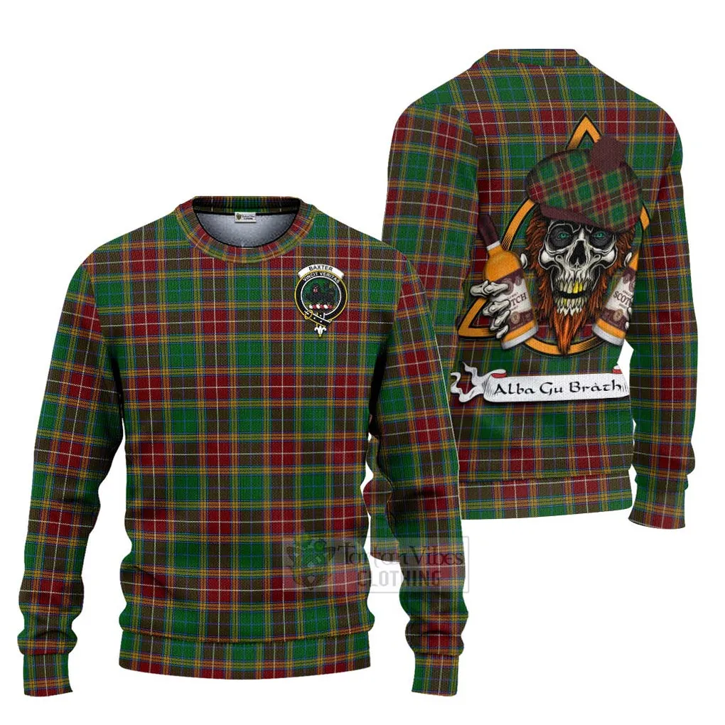 Baxter Tartan Ugly Sweater with Family Crest and Bearded Skull Holding Bottles of Whiskey