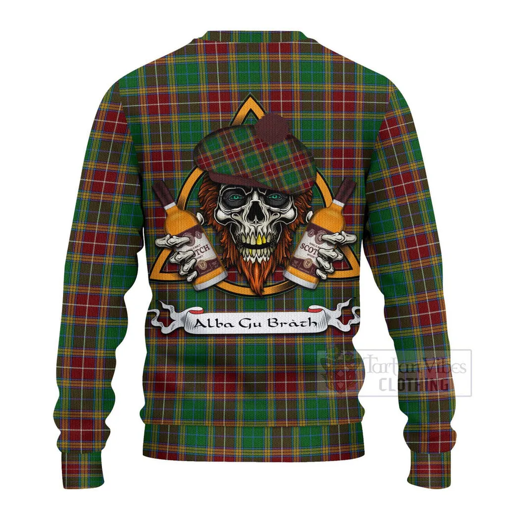 Baxter Tartan Ugly Sweater with Family Crest and Bearded Skull Holding Bottles of Whiskey