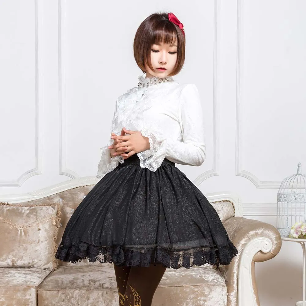 Beautiful Black Bling Bling Glittering Short Skirt Mori Girl Mini Skirt with Lace Trimming