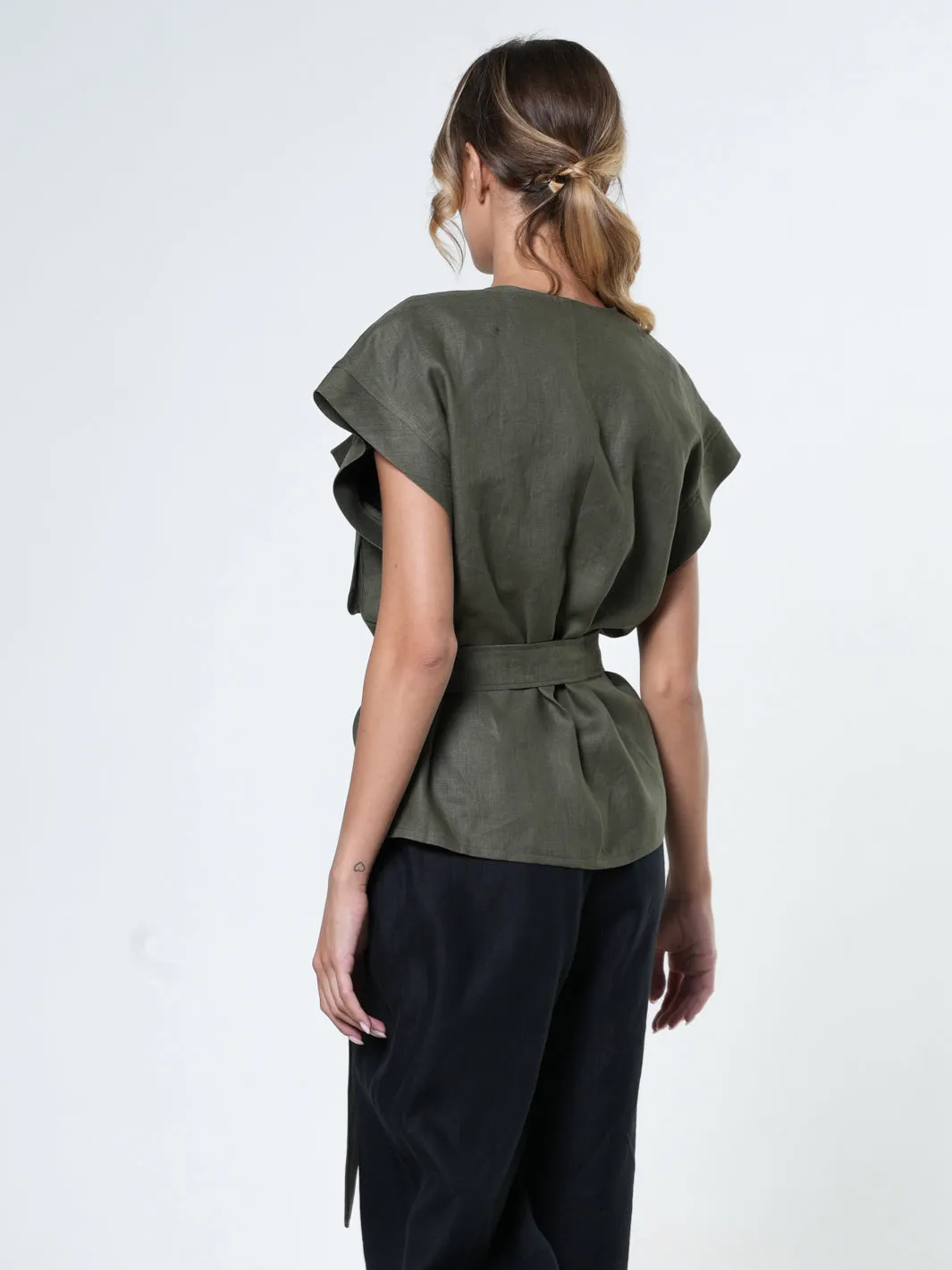 Belted Linen Wrap Top In Khaki