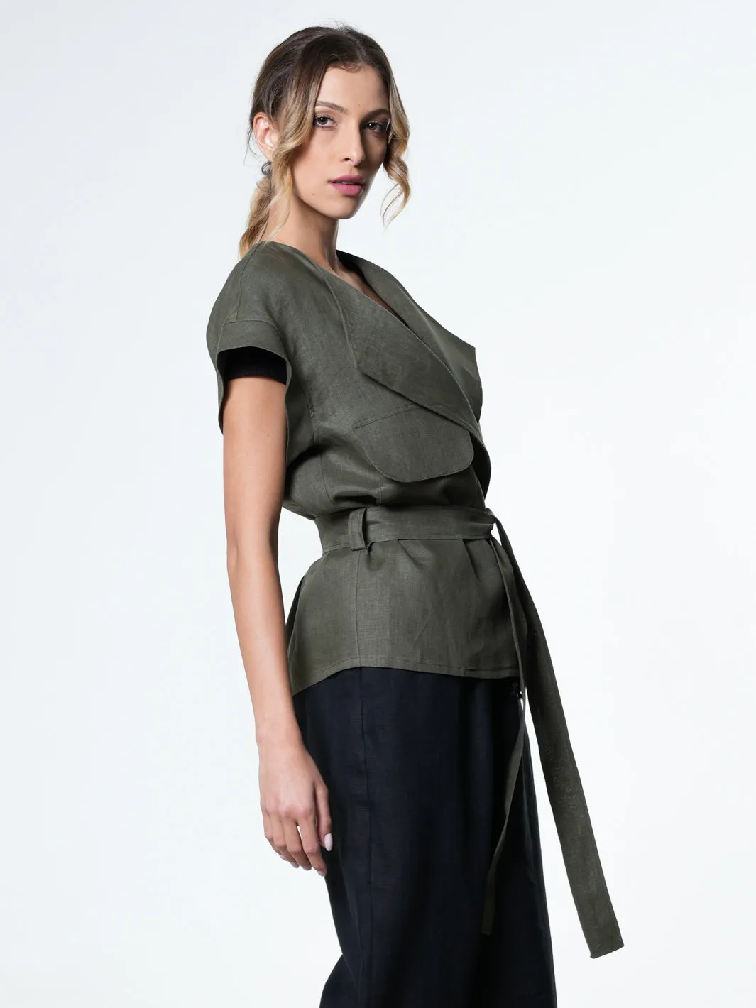 Belted Linen Wrap Top In Khaki