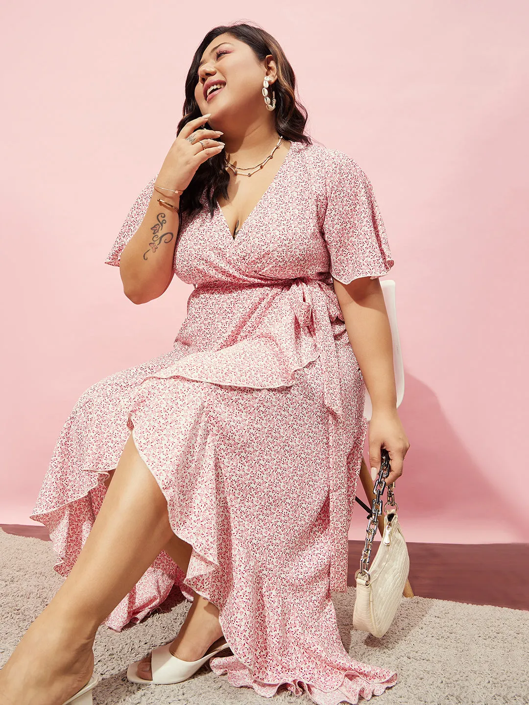 Berrylush Women Plus Size Pink & White Floral Printed V-Neck Waist Tie-Up Crepe Flounce Hem Wrap Maxi Dress