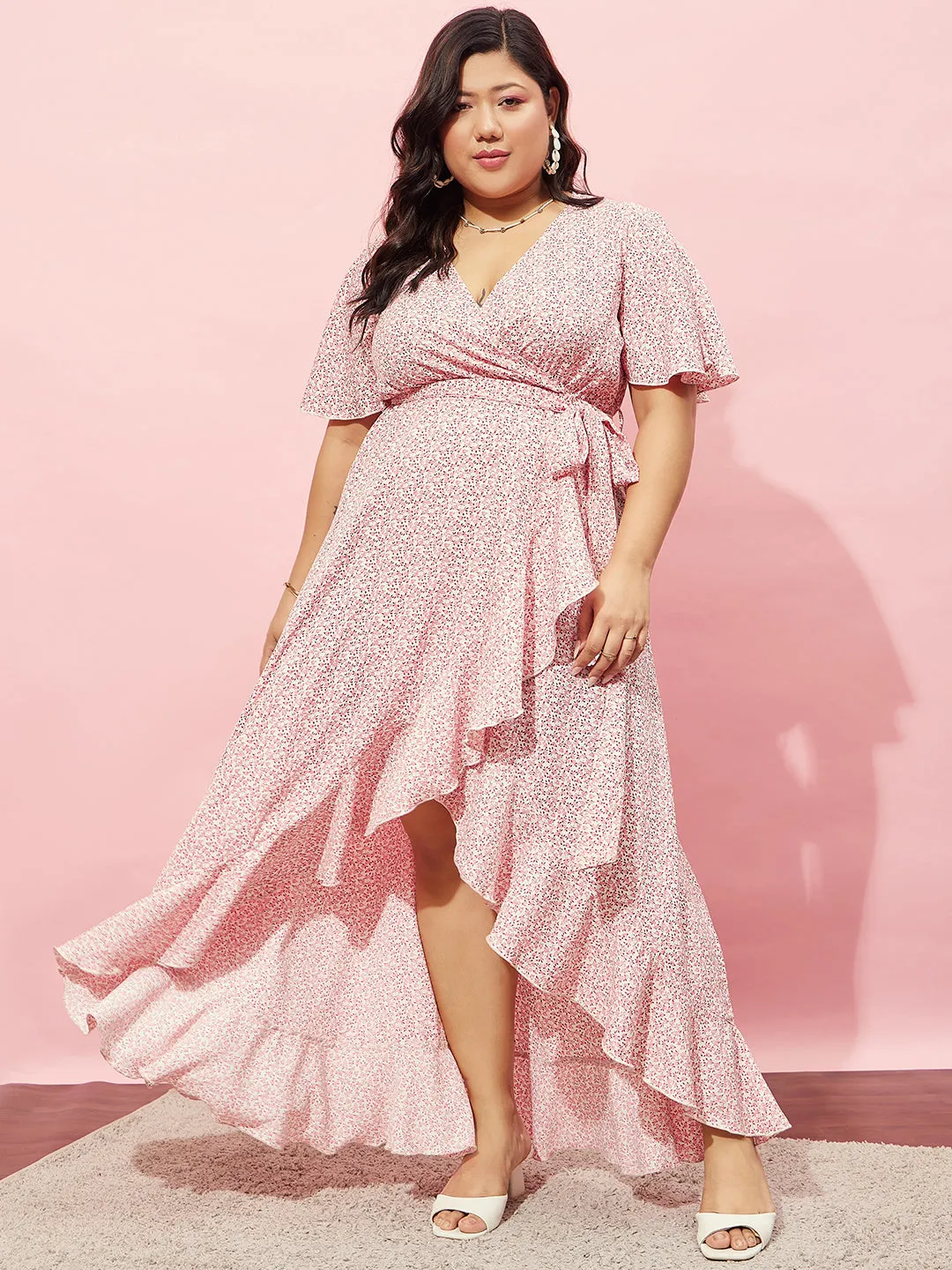 Berrylush Women Plus Size Pink & White Floral Printed V-Neck Waist Tie-Up Crepe Flounce Hem Wrap Maxi Dress