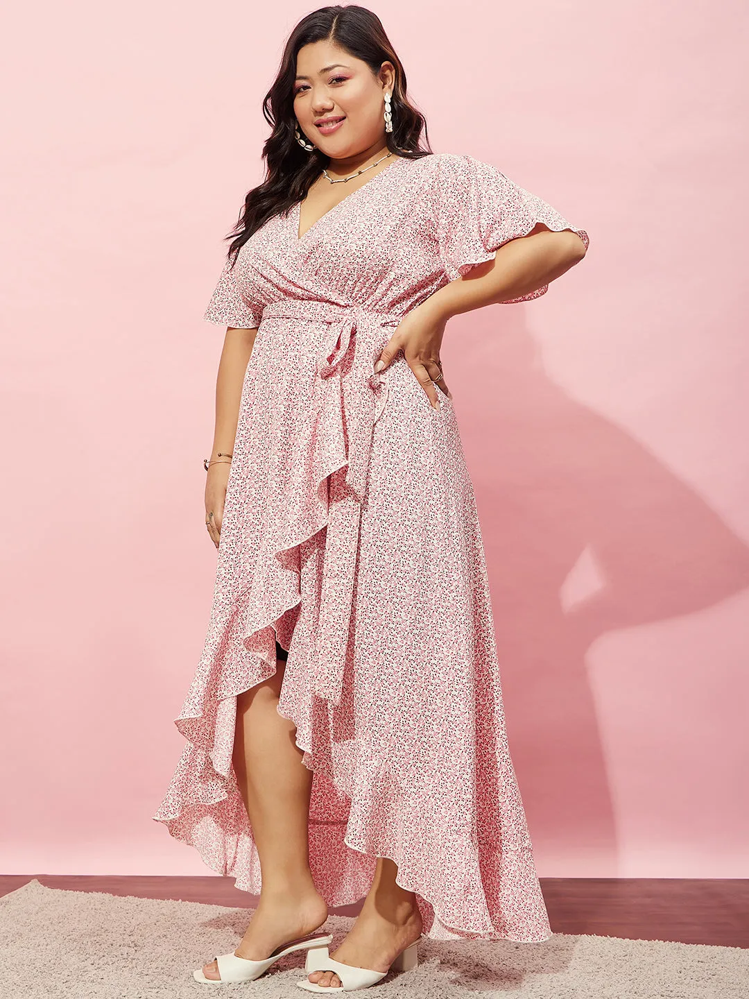 Berrylush Women Plus Size Pink & White Floral Printed V-Neck Waist Tie-Up Crepe Flounce Hem Wrap Maxi Dress