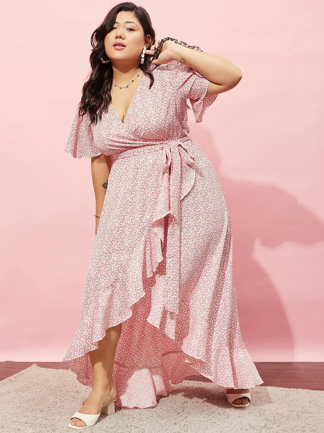 Berrylush Women Plus Size Pink & White Floral Printed V-Neck Waist Tie-Up Crepe Flounce Hem Wrap Maxi Dress