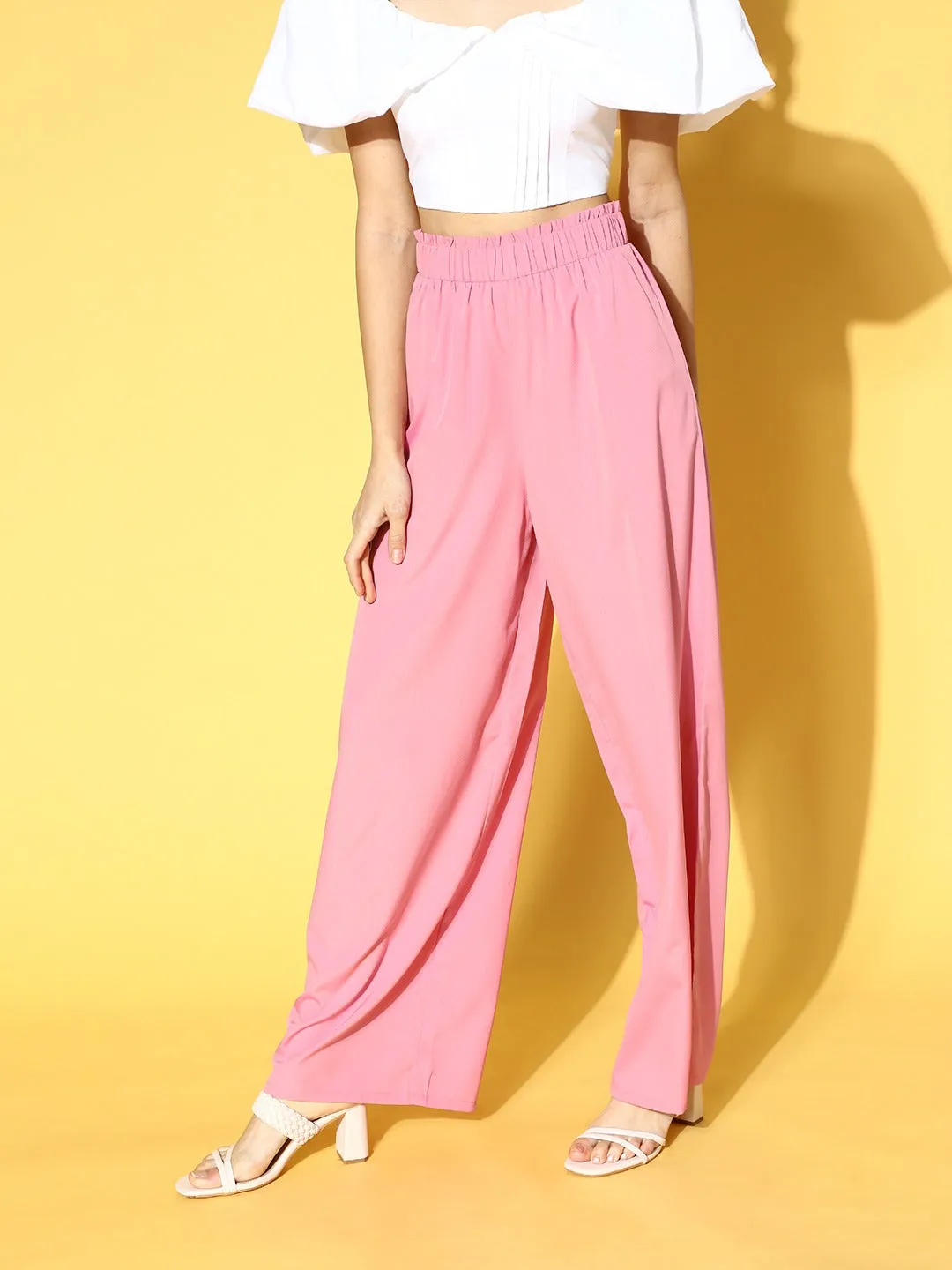 Berrylush Women Solid Light Pink Flare Fit High-Rise Waist Plain Trousers