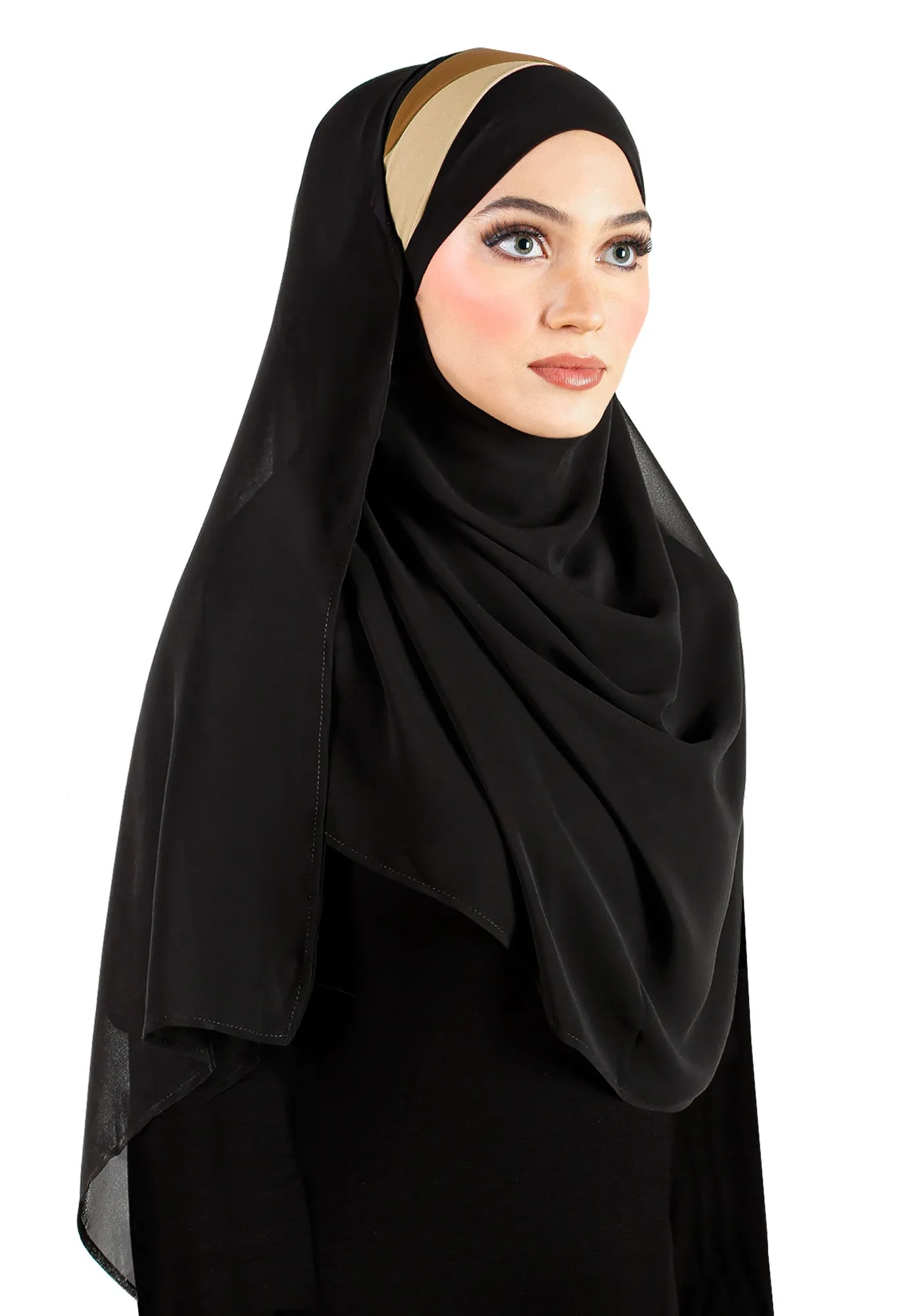 Black Chiffon Wrap Hijab Headscarf with 2 Color Pleats