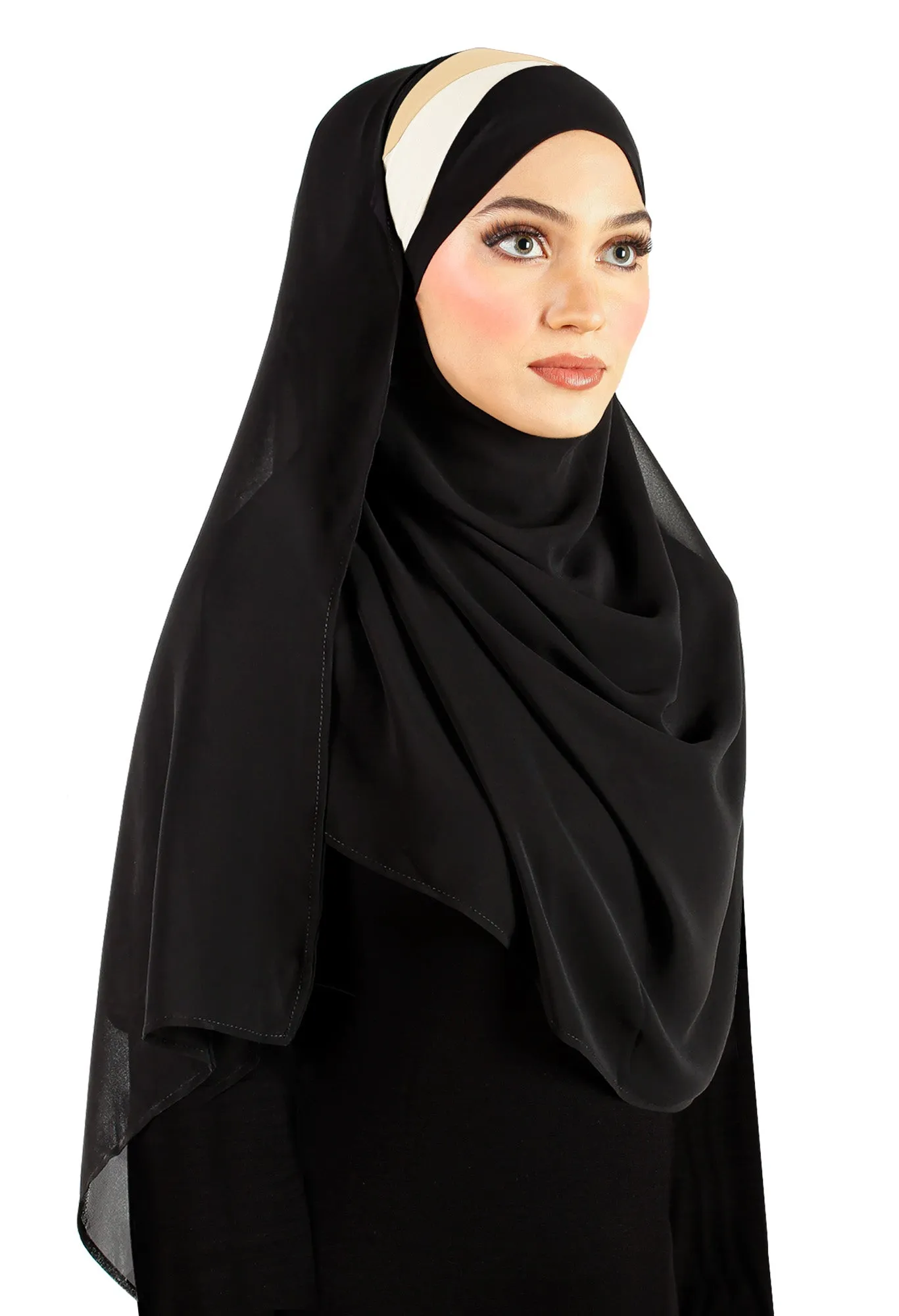 Black Chiffon Wrap Hijab Headscarf with 2 Color Pleats