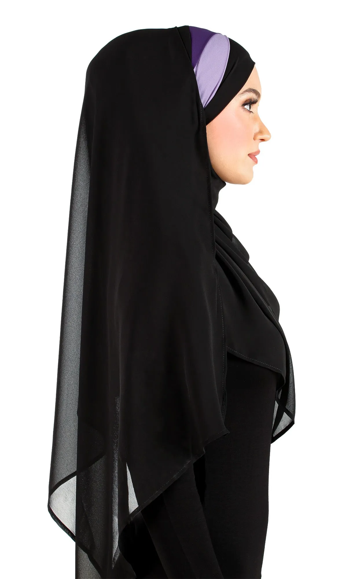 Black Chiffon Wrap Hijab Headscarf with 2 Color Pleats