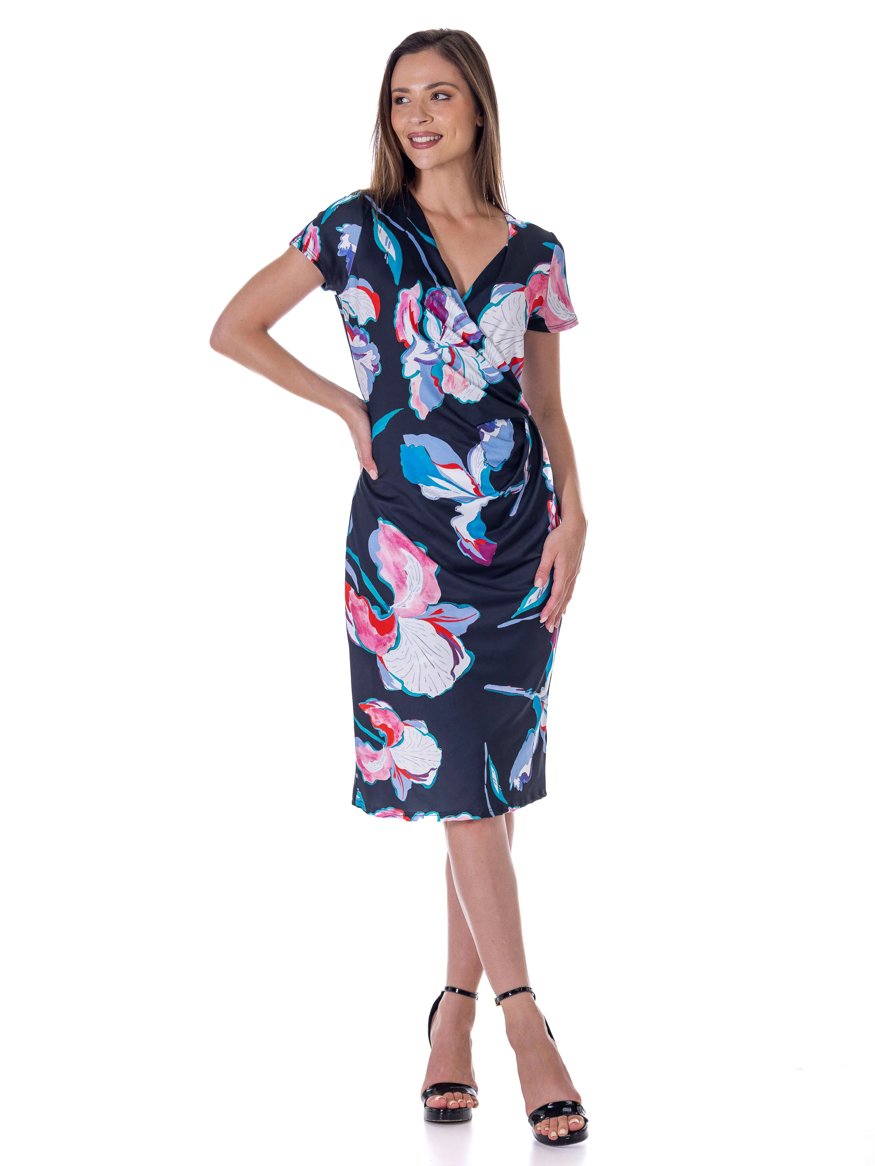 Black Floral Knee Length Short Sleeve Faux Wrap Dress