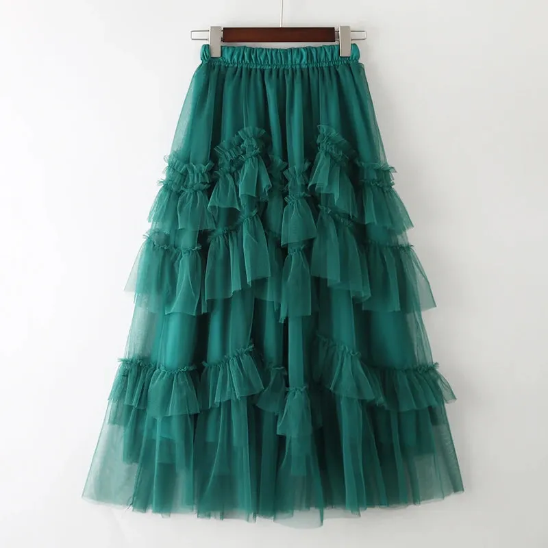 Black Patchwork Mesh Skirt For Women High Waist Casual Ball Gown Skirts Female Fashion Clothes Spring