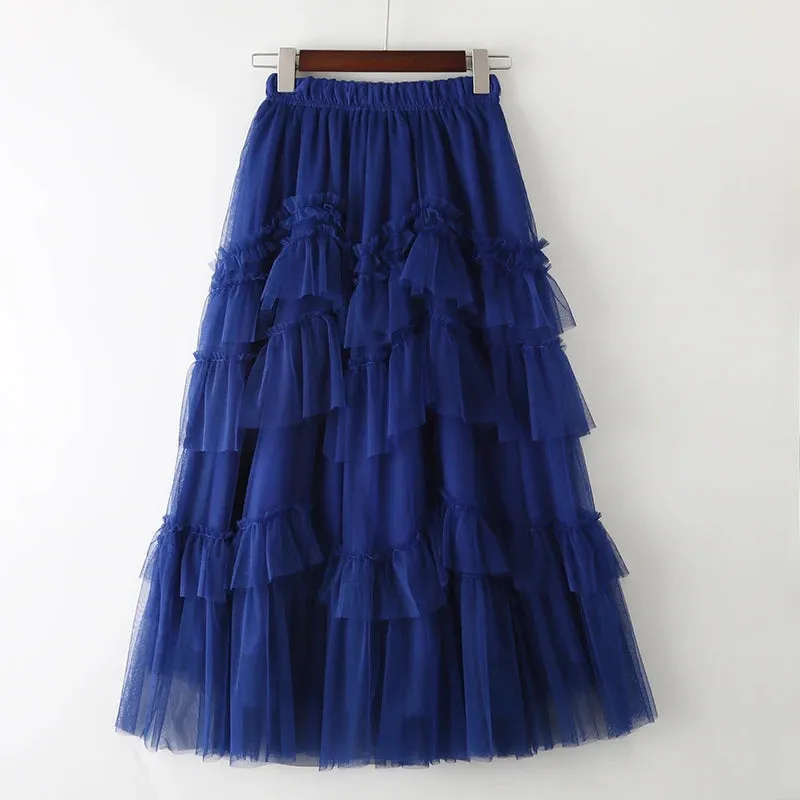 Black Patchwork Mesh Skirt For Women High Waist Casual Ball Gown Skirts Female Fashion Clothes Spring