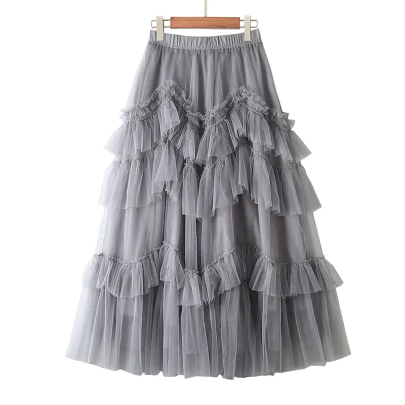 Black Patchwork Mesh Skirt For Women High Waist Casual Ball Gown Skirts Female Fashion Clothes Spring