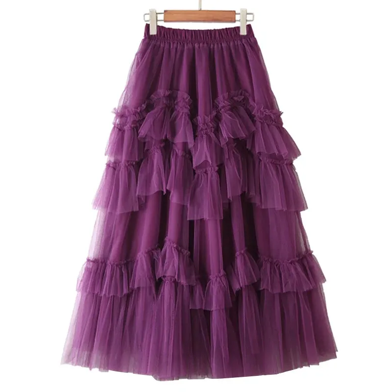 Black Patchwork Mesh Skirt For Women High Waist Casual Ball Gown Skirts Female Fashion Clothes Spring