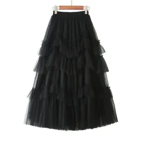 Black Patchwork Mesh Skirt For Women High Waist Casual Ball Gown Skirts Female Fashion Clothes Spring