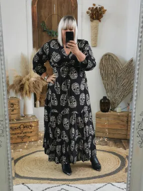 Black Skull Print Midaxi Dress