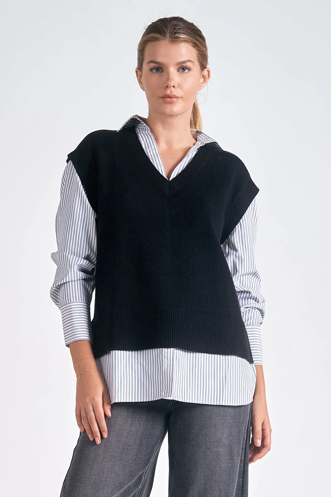 Black Sweater Vest With Stripe Shirt