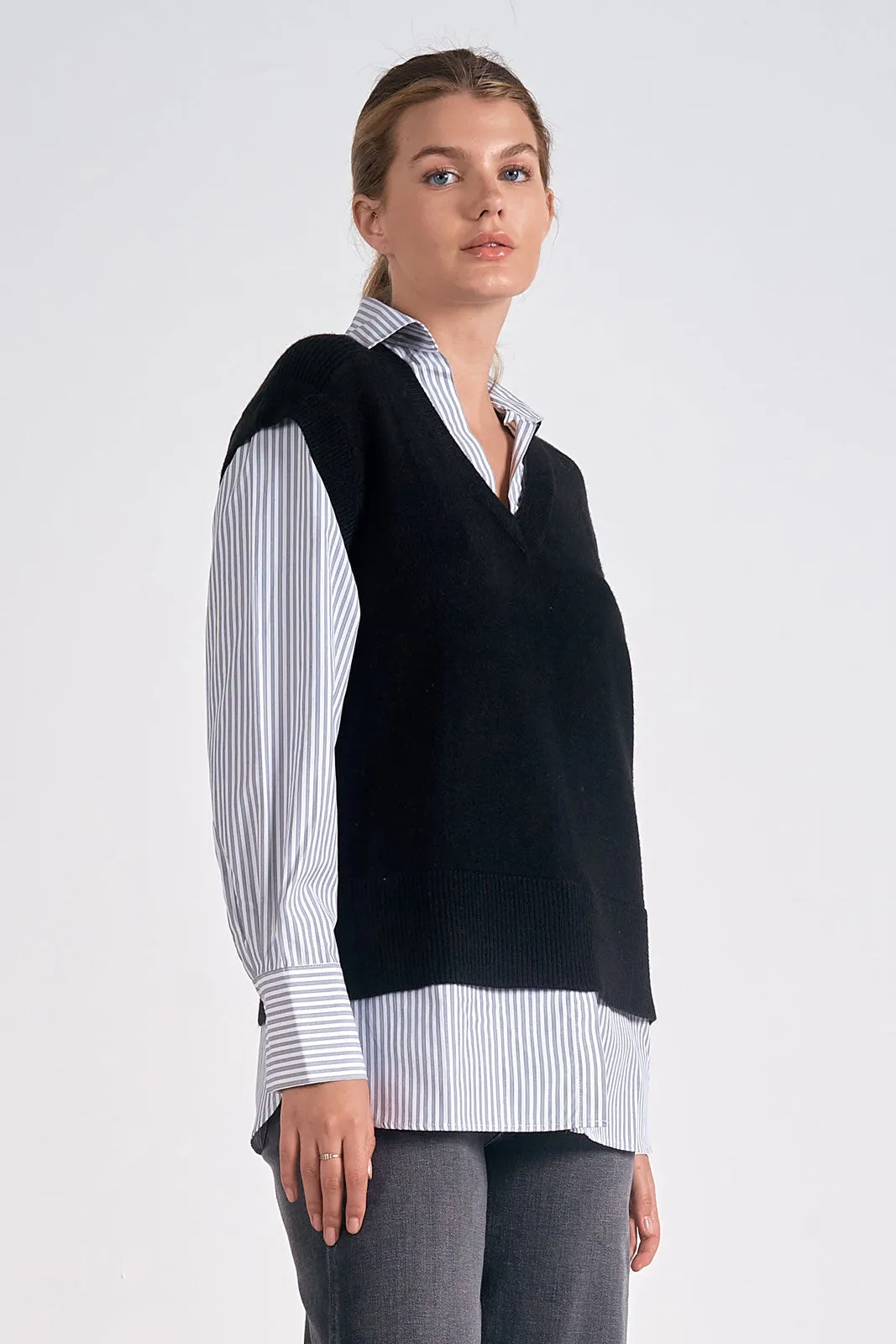 Black Sweater Vest With Stripe Shirt