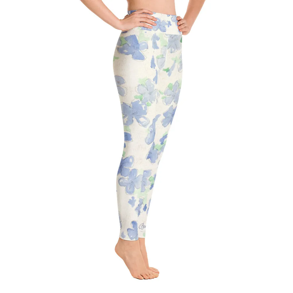 Blu&White Watercolor Floral Yoga Leggings