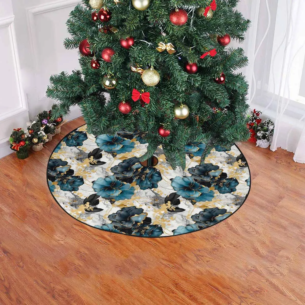 Blue & Gold Ink Floral  Christmas Tree Skirt