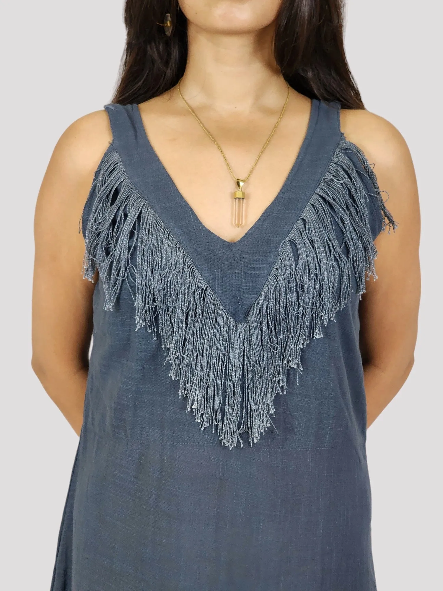 Blue Organic Linen Mini Dress with Fringe