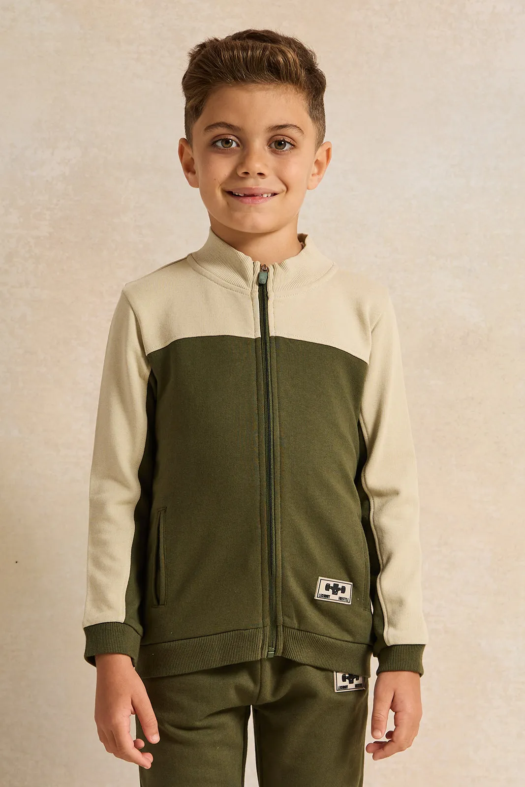 Boys Olive High Neck Jog Set  (2 Piece)