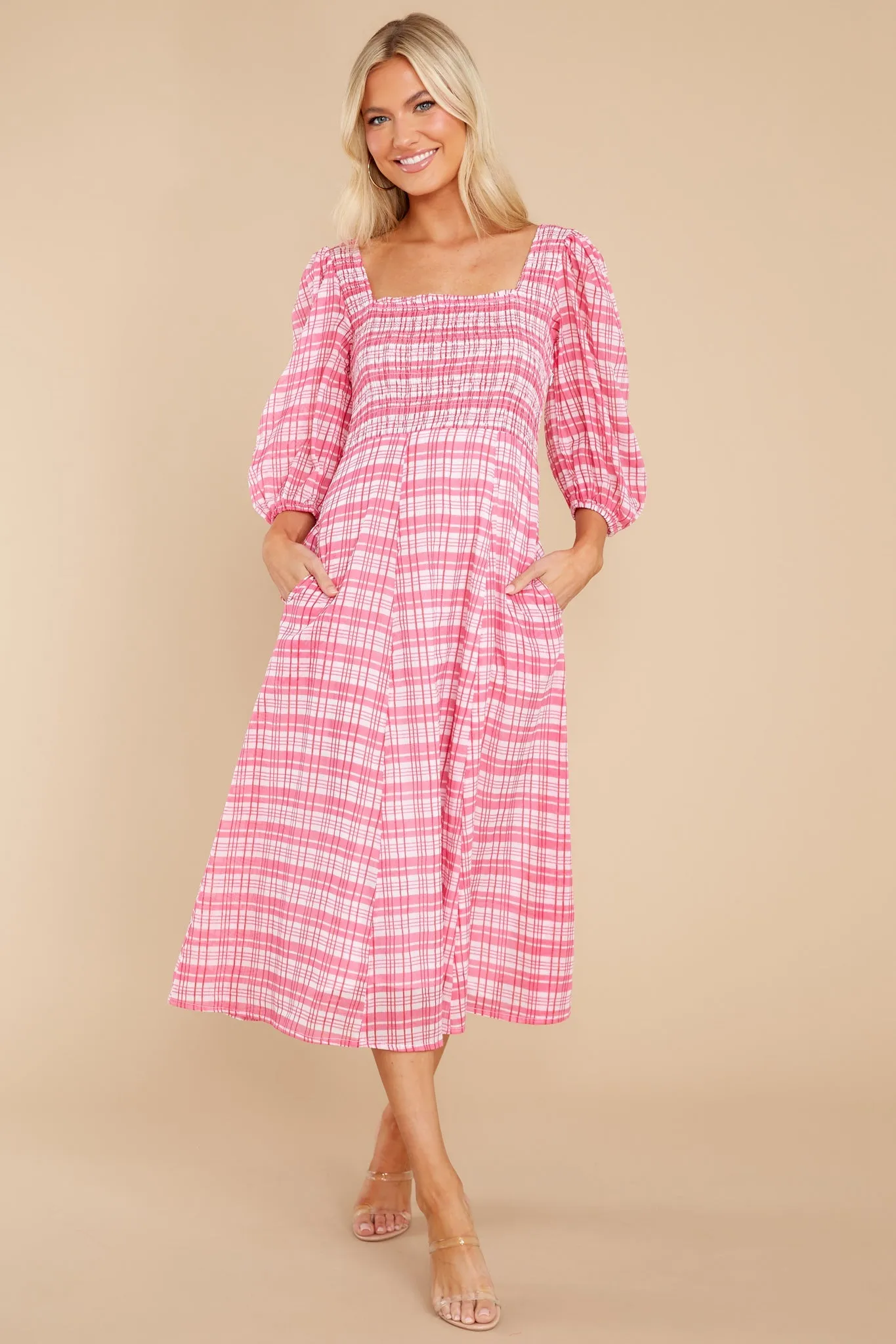 Bridget Country Plaid Pink Midi Dress