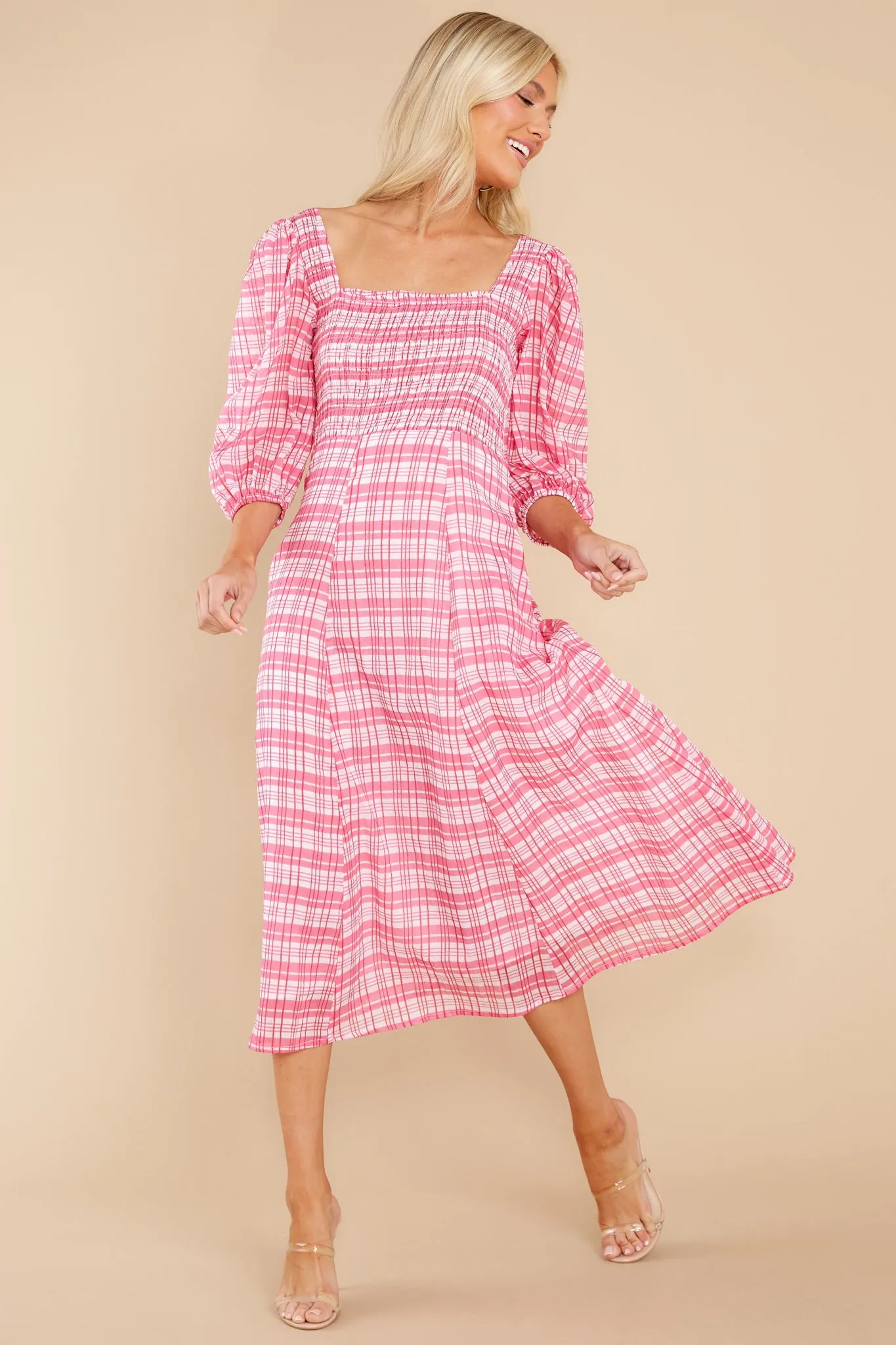 Bridget Country Plaid Pink Midi Dress