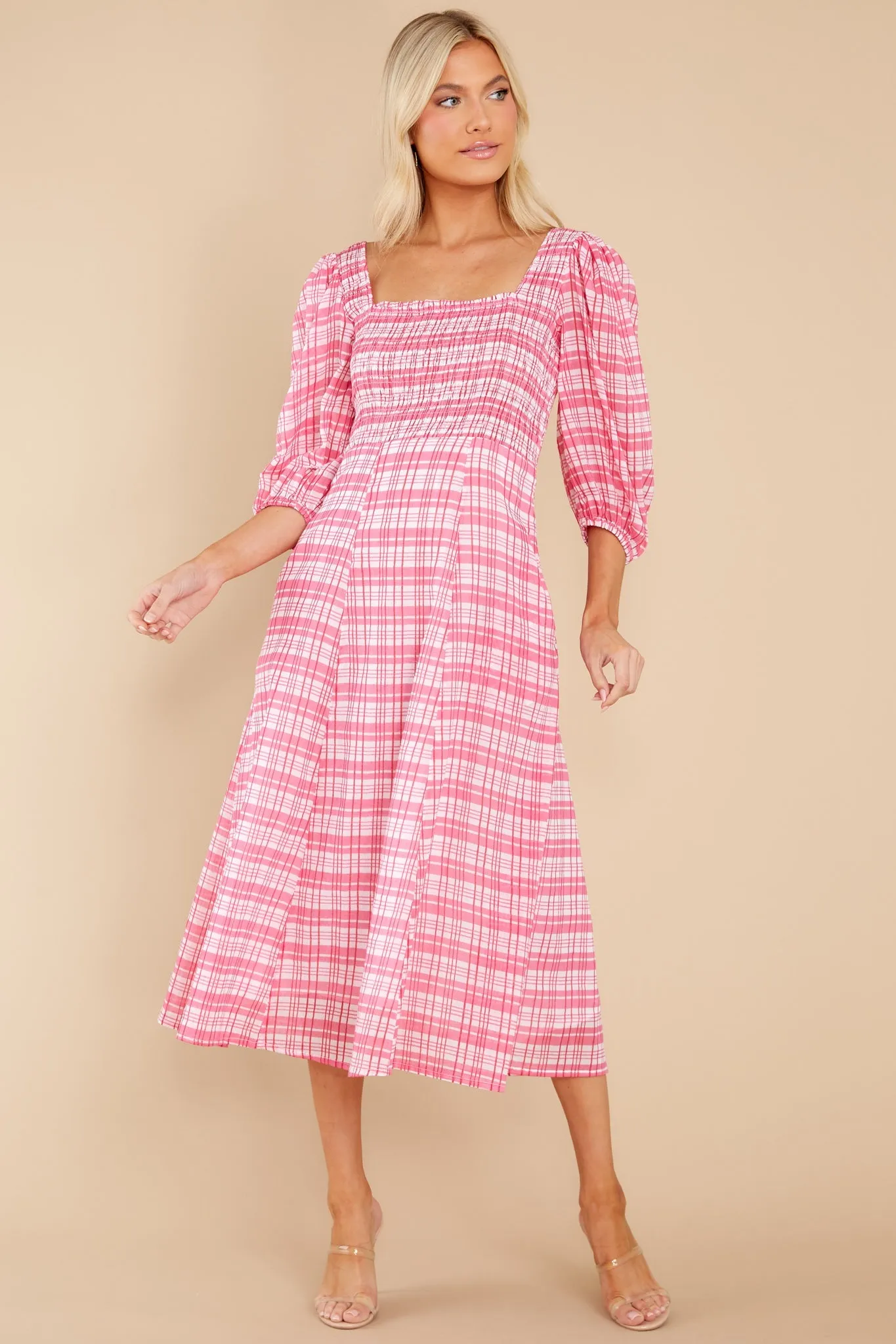 Bridget Country Plaid Pink Midi Dress