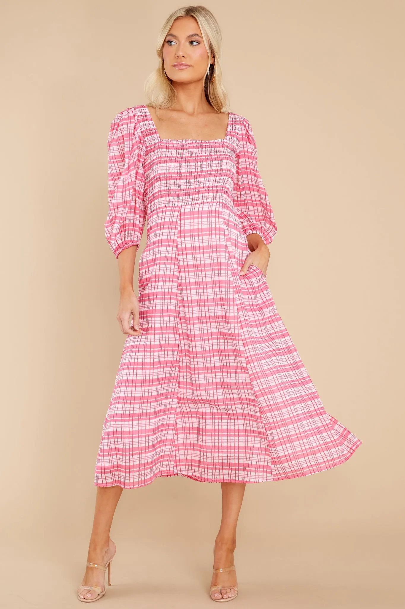 Bridget Country Plaid Pink Midi Dress