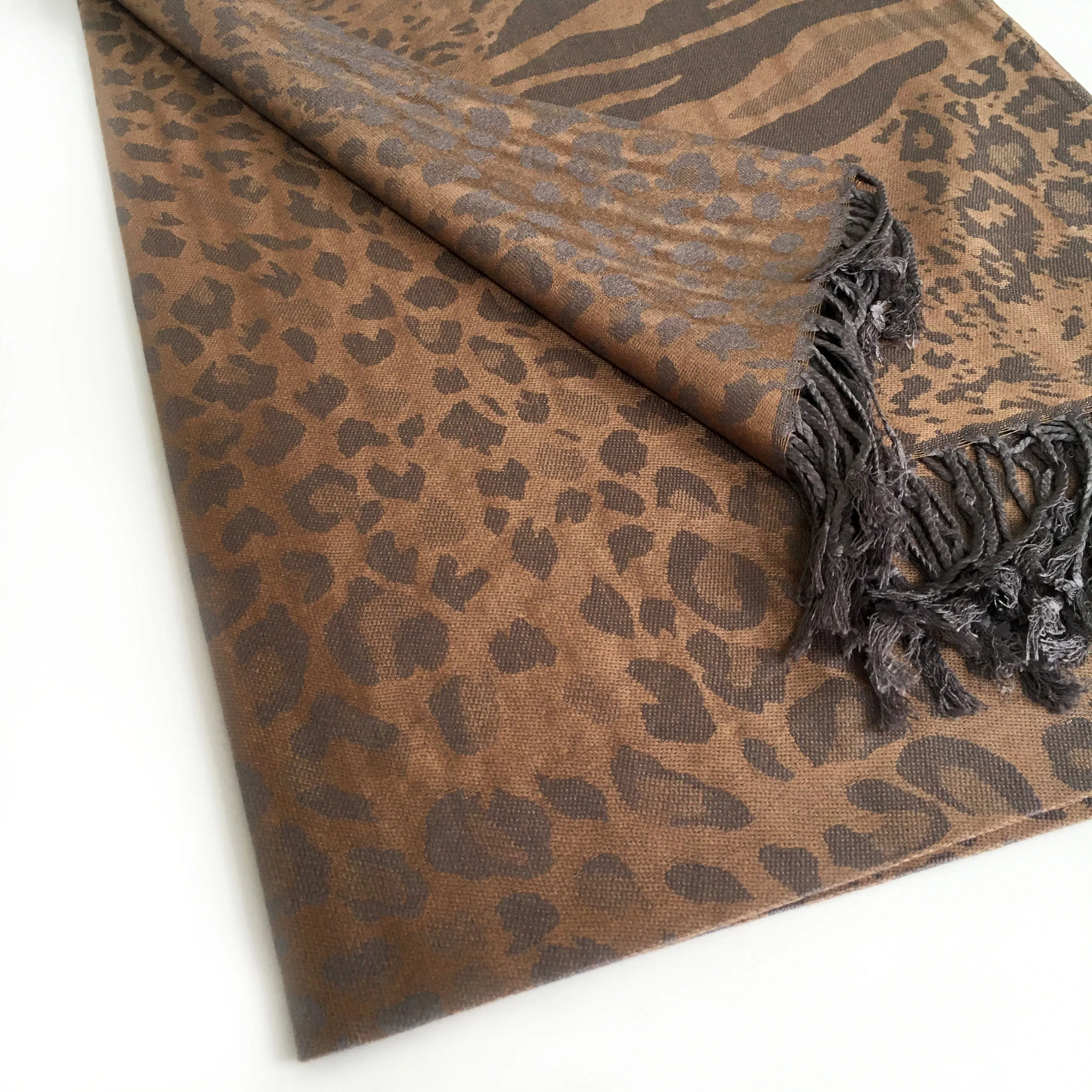 BRONZE LARGE LEOPARD PRINT REVERSIBLE PASHMINA SHAWL SCARF