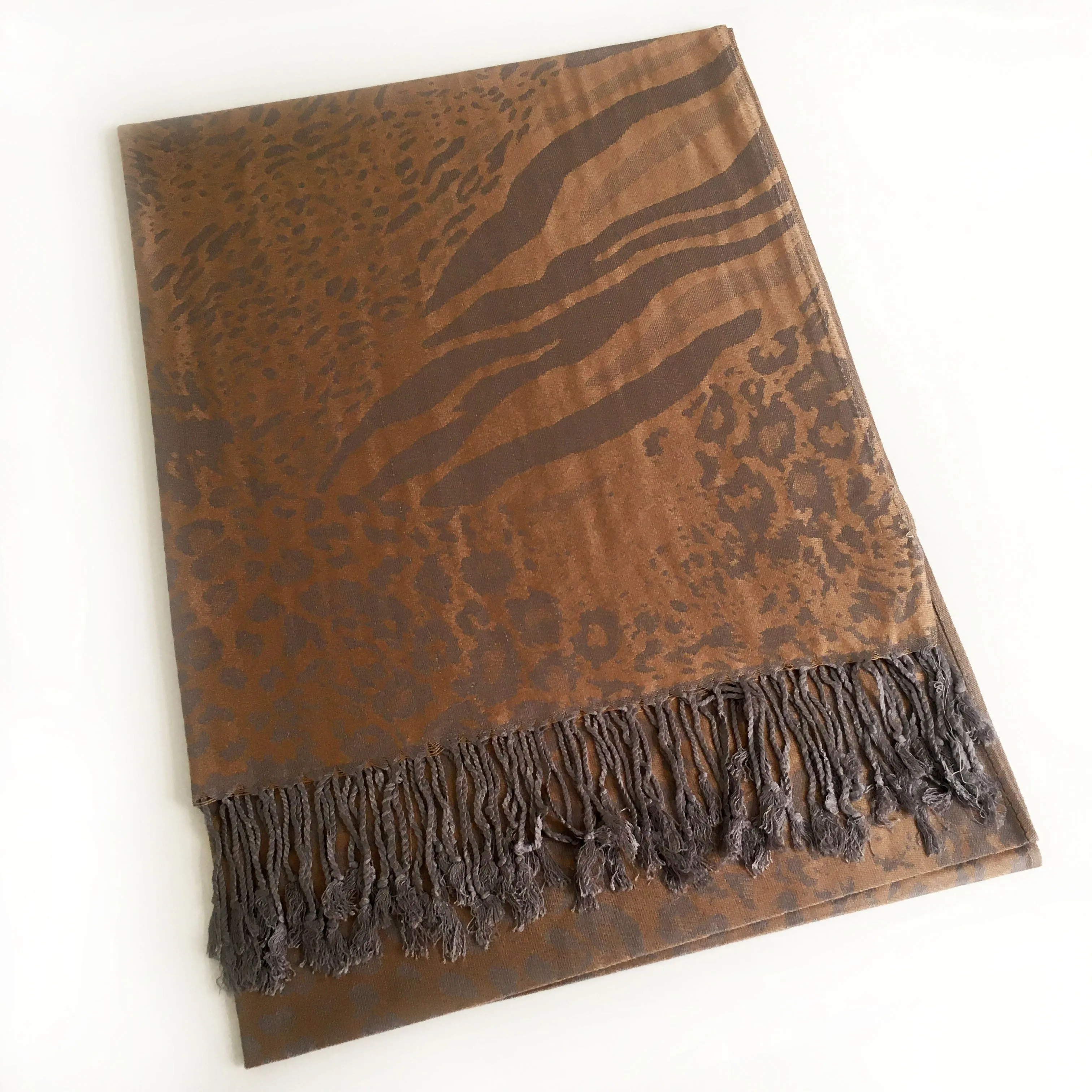 BRONZE LARGE LEOPARD PRINT REVERSIBLE PASHMINA SHAWL SCARF