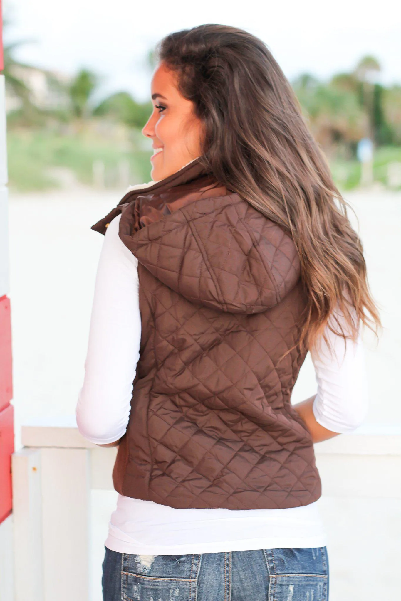 Brown Quilted Vest with Fur Collar