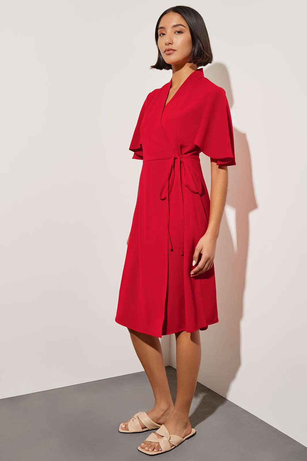 Butterfly Sleeve Crepe de Chine Wrap Dress, Poppy Red