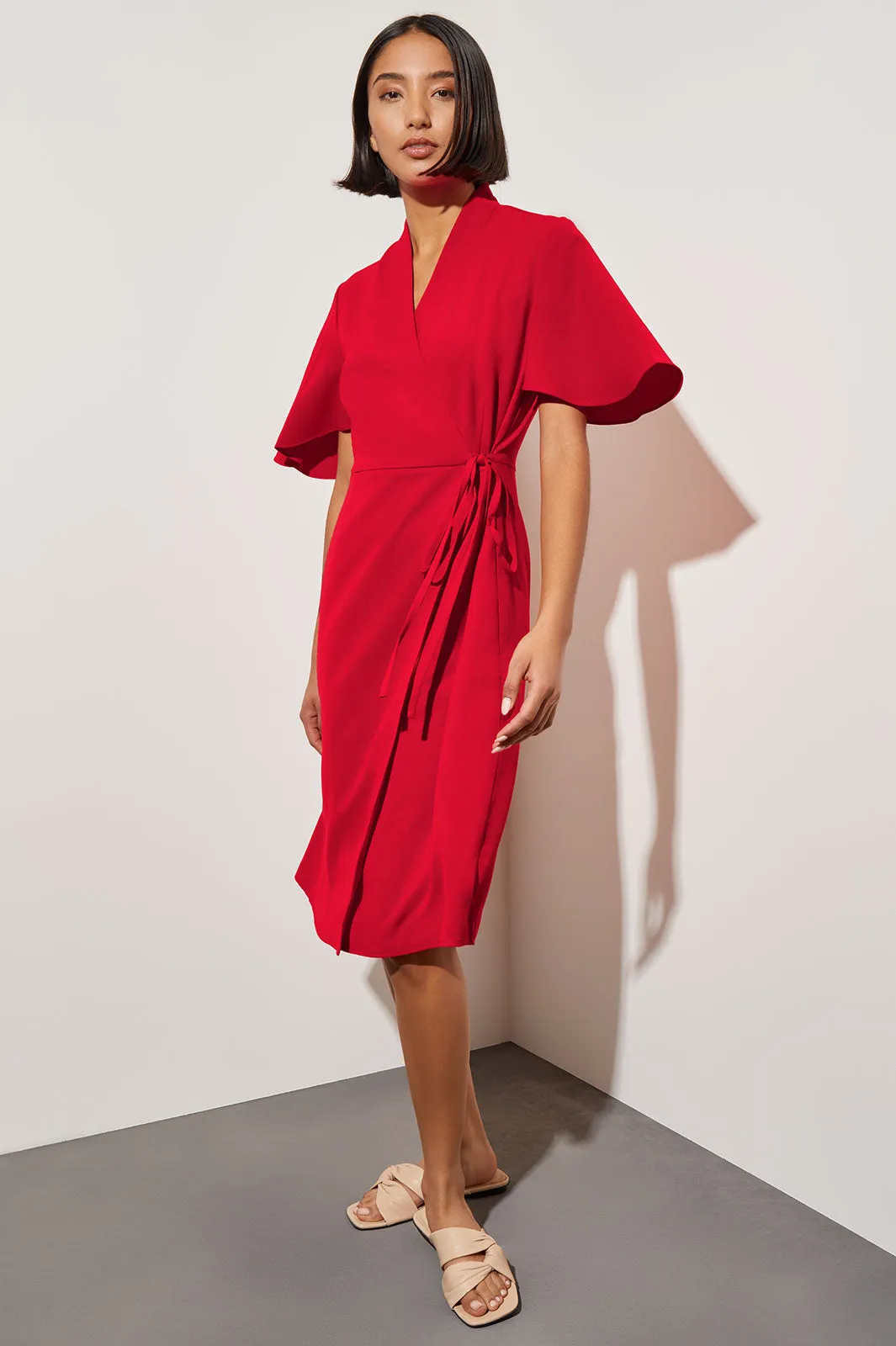 Butterfly Sleeve Crepe de Chine Wrap Dress, Poppy Red