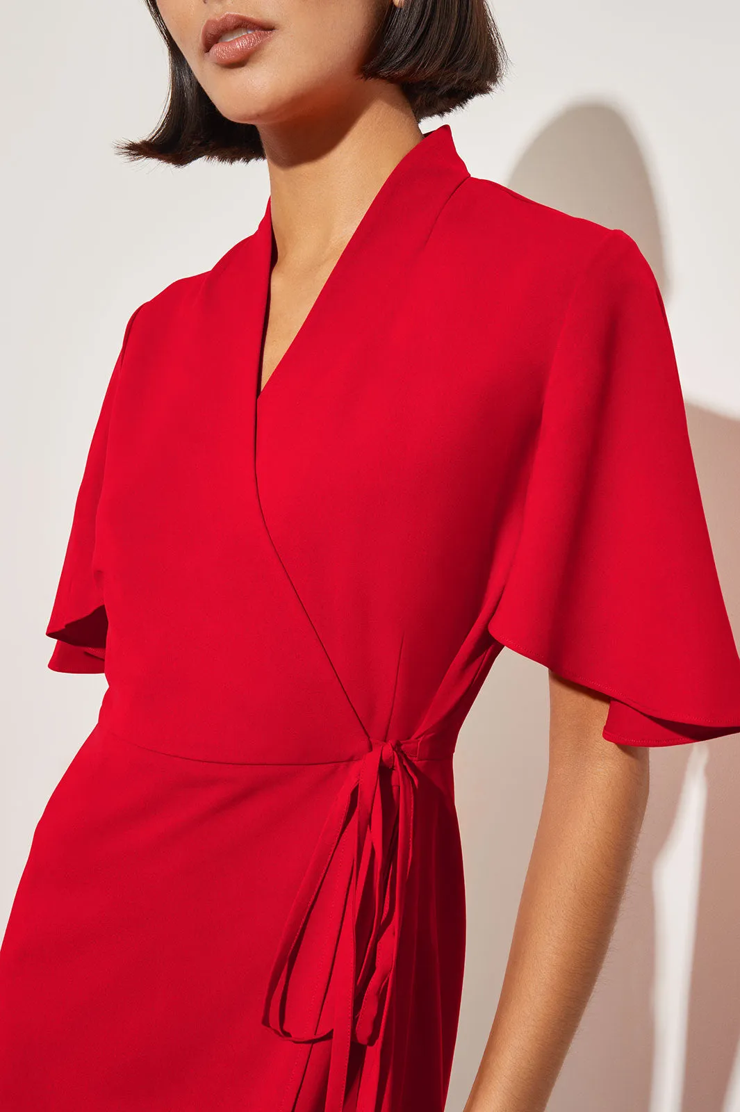 Butterfly Sleeve Crepe de Chine Wrap Dress, Poppy Red